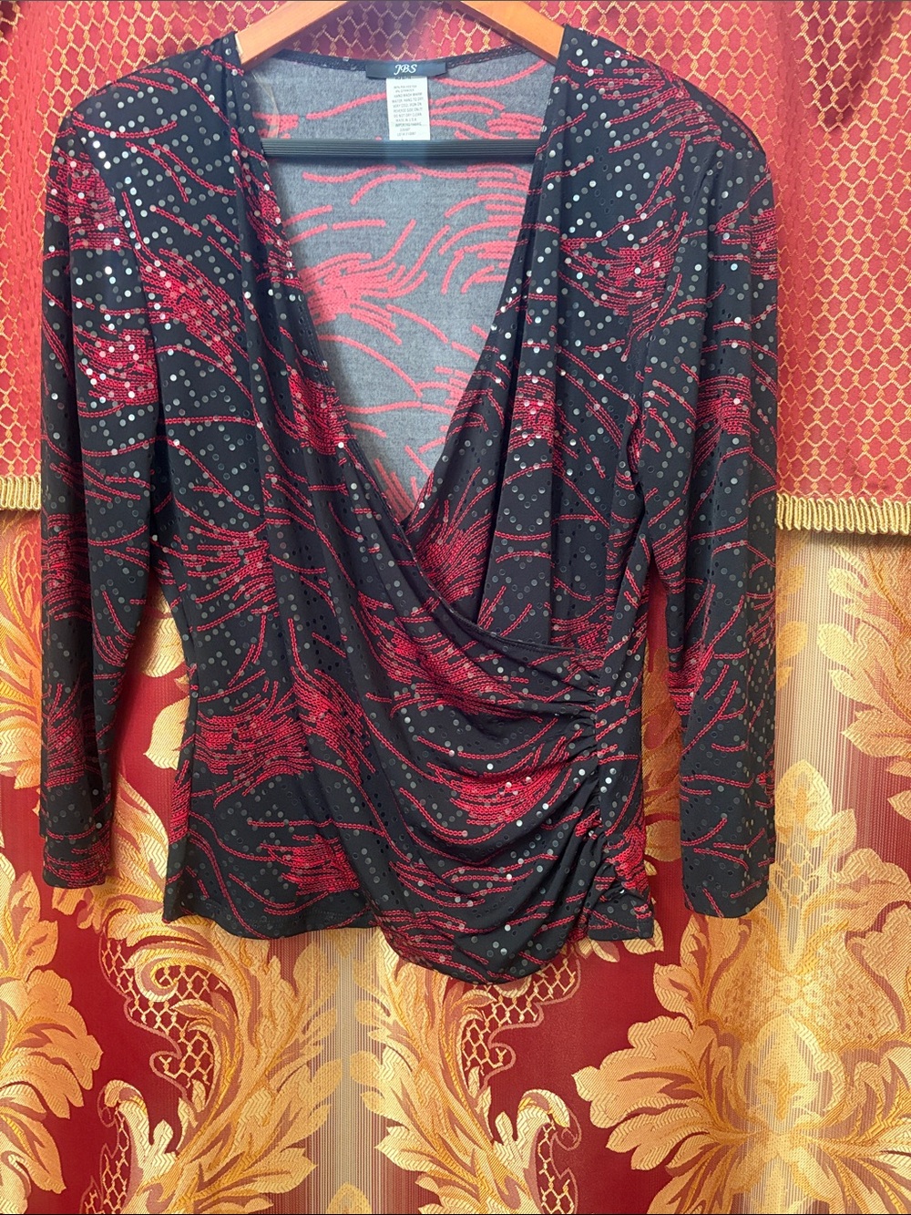 Black and Red Draped Wrap-Front Blouse